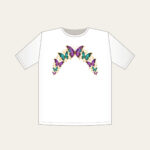 Butterflies Arching Along the Edge T-Shirt in white: Violet, teal and gold butterflies arch along a curved edge.