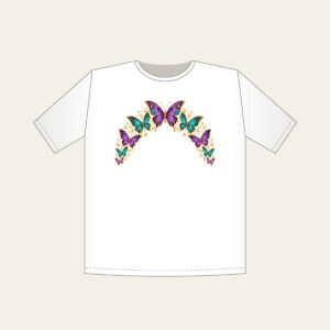 Butterflies Arching Along the Edge T-Shirt in white: Violet, teal and gold butterflies arch along a curved edge.