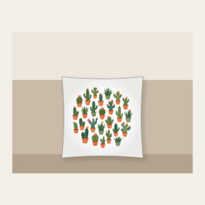 Potted Cacti in Terracotta Pillow in white: Potted cacti in terracotta and green repeat on a cream ground.