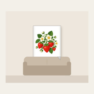 Strawberry Cluster with Blossoms Fleece Blanket in white: A cluster of ripe strawberries with white blossoms and tiny leaves in red, green and cream.