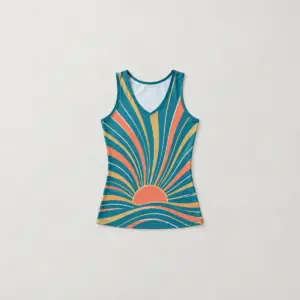 Skinny Sport Tank with Sunrise Lines with all-over sunrise lines in coral, gold and white on teal