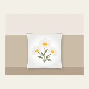 Chain of Three Daisies Pillow in white: Three daisies in white and butter yellow link along a single sage stem.