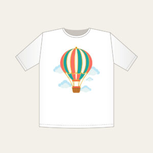 Striped Hot Air Balloon T-Shirt in white: A hot air balloon with coral, teal and gold stripes drifts above small clouds, a tiny basket below.