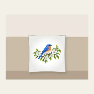 Bluebird on Blossoming Branch Pillow in white: A bluebird perches on a blossoming branch in blue, white and green.