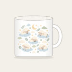 Sleepy Sheep and Clouds Mug in white: Small clouds and sleeping sheep in cream, pale blue and sage on a light field.