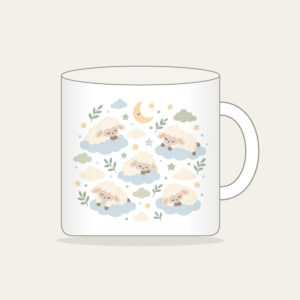 Sleepy Sheep and Clouds Mug in white: Small clouds and sleeping sheep in cream, pale blue and sage on a light field.