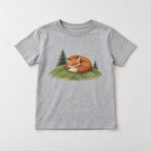Sleepy Fox Hill Youth Tee with compact chest print of a rust-colored fox curled asleep on a green hill with two tiny pines