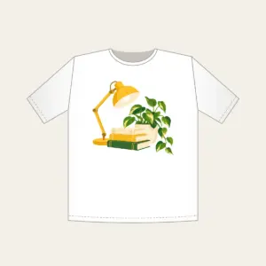 Lamplit Desk with Books and Fern T-Shirt in white: A warm yellow desk lamp glows beside a stack of books and a potted plant in cream and green.