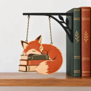 Reading Fox Bookshelf Sign with flat rust-and-cream fox curled around books, hanging by two chains from a thin black wood bracket