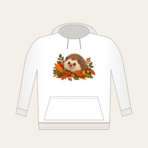 Hedgehog Among Fallen Leaves Hoodie in white: A small hedgehog wanders among fallen leaves in brown, rust and green.