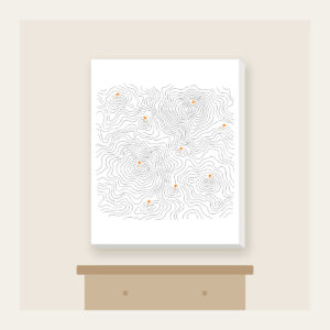 Topographic Lines and Trail Markers Canvas Print in white: Topographic lines in grey with small orange trail markers.