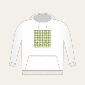 Green Gingham with Scattered Pears Hoodie in white: Green and cream gingham checks with small pears scattered between.