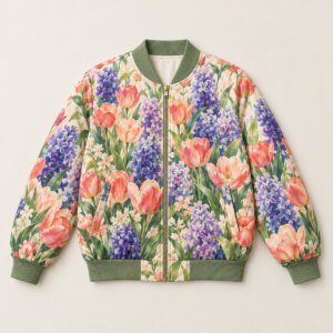Gallery Garden Casual Bomber with all-over painterly flower beds of tulips and hyacinths in coral, violet and green on soft cream