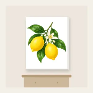 Lemon Branch in Blossom Canvas Print in white: A single lemon branch carries two lemons, glossy leaves and a small blossom in lemon yellow, leaf green and cream.