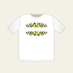 Olive and Lemon Branch Border T-Shirt in white: Olive and lemon branches run along both long edges in green, gold and cream.