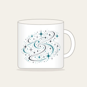 Charcoal Night Trail of Stars and Paths Mug in white: An all-over pattern of stars and path lines in charcoal, silver and teal.