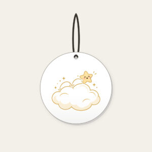 Little Star Hopping on a Cloud Ceramic Ornament in white: A little star hops across a cloud in white, cream and gold.