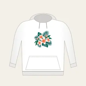Plumeria and Palm Leaves on Deep Teal Hoodie in white: White and coral plumeria blossoms and palm leaves glow against a deep teal base.