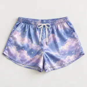 Blue Hour Satin Loose Pajama Shorts with soft clouds in dusk blue and lilac with tiny silver stars