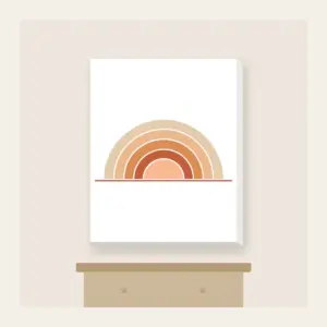 Stepped Arc Sunrise Over the Horizon Canvas Print in white: A rising sun built from five stepped arcs in apricot, rust and sand above one thin horizon line.