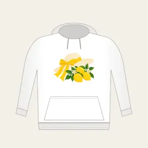 Sunhat with Three Lemons Hoodie in white: A wide sunhat with a ribbon beside three lemons in cream, lemon yellow and green.