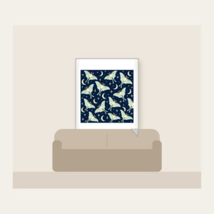 Luna Moths and Crescent Moons on Navy Fleece Blanket in white: Pale luna moths and crescent moons glow on deep navy among tiny star dots.