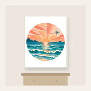 Coastal Sunrise Bands with a Compass Rose Canvas Print in white: Bands of peach, coral and teal show a coastal sunrise, with tiny waves and a small compass rose.