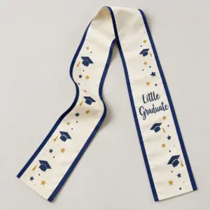Little Graduate Stole with a cream stole with small printed mortarboard caps and stars along both ends in navy and gold, a printed navy border band and the exact text "Little Graduate"