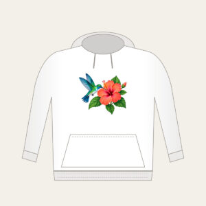 Hummingbird and Hibiscus Hoodie in white: A hummingbird beside a coral hibiscus flower with green leaves on a pale teal field.