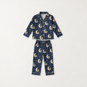 Moon Library Kids Satin Pajamas with all-over repeat of a crescent moon holding a small stack of books with tiny stars in navy and gold