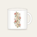 Cable Pattern Twined with Little Flowers Mug in white: A flat cable pattern entwined with small flowers in oatmeal, sage and rose.