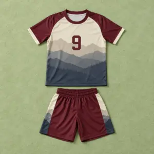 Children's burgundy and cream football jersey with mountain bands plus shorts