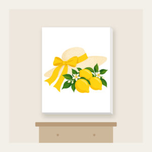 Sunhat with Three Lemons Canvas Print in white: A wide sunhat with a ribbon beside three lemons in cream, lemon yellow and green.