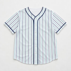 Seafoam Stripe Baseball Jersey with thin seafoam and navy stripes on a white body with navy trim