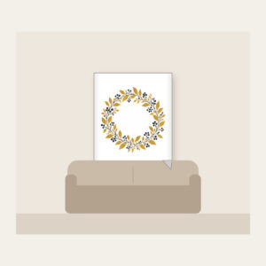 Gold Botanical Leaf and Berry Wreath Fleece Blanket in white: A fine botanical wreath of leaves and berries drawn in dark lines on a gold ground.