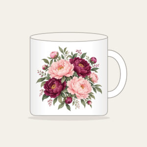 Blush and Plum Peony Blooms Mug in white: Full peony blooms in blush, plum and sage fill the space in a lush repeating pattern.