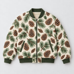 Pinecone Scatter Fleece Bomber with all-over scattered pine cones and needles in brown and green
