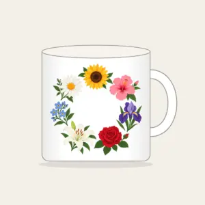 Weekly Seven Flower Border Mug in white: A border of seven small, different flowers, one for each day, surrounds an open centre.