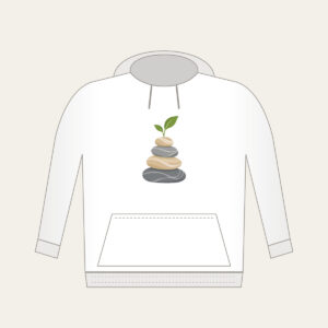 Cairn Stones with a Sprout Hoodie in white: Stacked cairn stones in grey and sand, topped with a tiny green sprout.