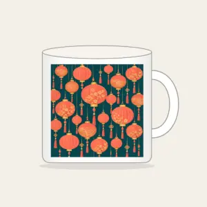 Coral and Gold Paper Lantern Night Mug in white: Paper lanterns in coral and gold with fine strings across deep teal.