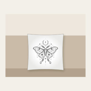 Moth, Stars and Crescent Moon Linework Pillow in white: A fine-line moth rests among tiny stars and a crescent moon in black.