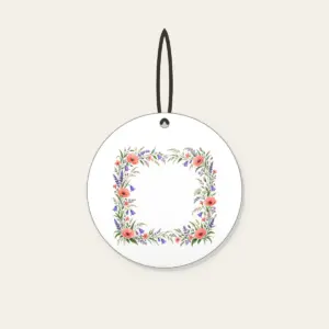 Roadside Wildflower Border Ceramic Ornament in white: A loose border of coral, violet and green wildflowers and grasses along the edges, leaving the center open.