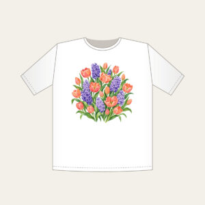Tulip and Hyacinth Beds T-Shirt in white: Painterly flower beds of tulips and hyacinths in coral, violet and green on pale cream.