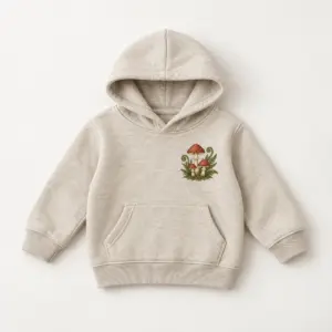 Mushroom Meadow Toddler Hoodie with small chest print of three red-capped mushrooms with curling ferns in cream, red and moss green