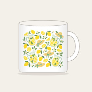 Lemonade Stand Pitchers and Lemons Mug in white: Lemonade pitchers, lemons and tiny straw sunbonnets repeat in yellow, white and mint.