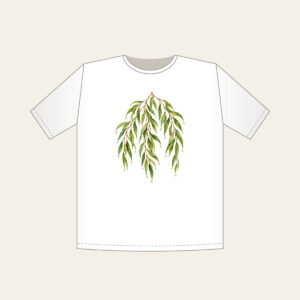 Weeping Willow Branches with Dewdrops T-Shirt in white: Weeping willow branches in green and gold carry tiny dewdrops and small leaf pendants.