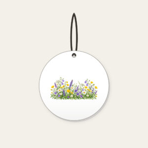 Wildflower Strip Beneath a Pale Sky Ceramic Ornament in white: A strip of yellow, purple and white wildflowers runs along the lower edge beneath a pale sky gradient.