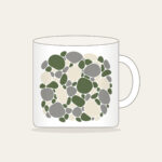 River Stones in Moss and Grey Mug in white: Smooth river stones in moss green, grey and cream are traced with fine white outlines.