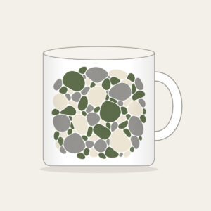 River Stones in Moss and Grey Mug in white: Smooth river stones in moss green, grey and cream are traced with fine white outlines.