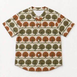 Orchard Rows Baseball Jersey with White Buttons with all-over rows of round trees in olive, rust and cream with a plain collar